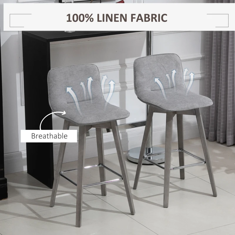 HOMCOM Swivel Bar Stools Set of 2, Counter Height Barstools Linen Fabric Padded Chair with 26.5" Seat Height and Footrest, Grey