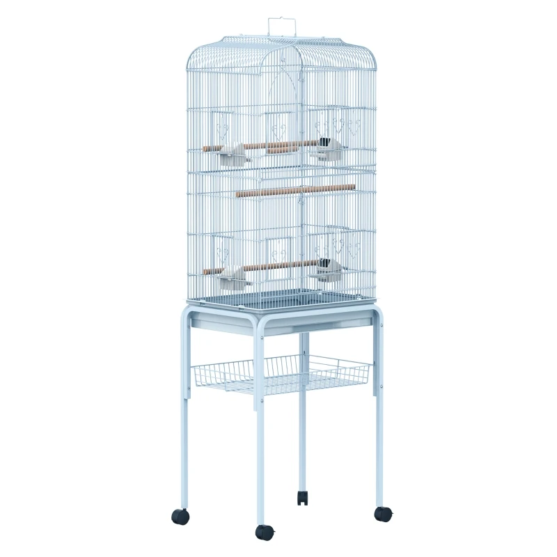 PawHut 60" Metal Indoor Bird Cage Starter Kit with Detachable Rolling Stand, Storage Basket, and Accessories, White
