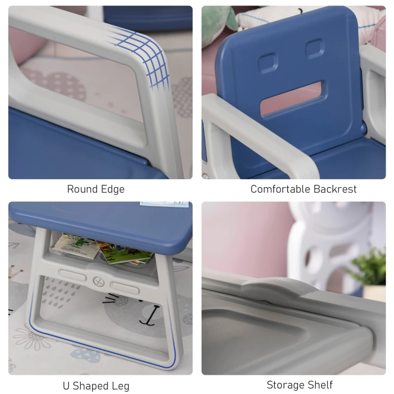 Qaba 3-Piece Kids Table and Chair Set Writing Desk with Armrest, Storage Space for Toddler Activities, Blue