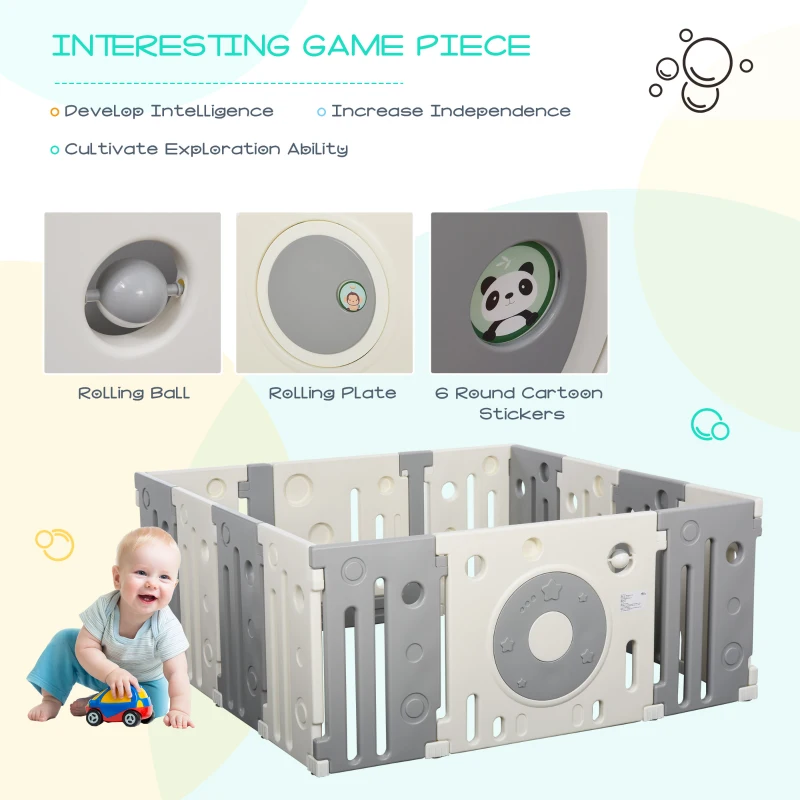 Qaba 14-Piece Children Baby Playpen Kids Activity Center Fence Enclosure with Easy Safety Gate & Built-In Fun Toys, Grey