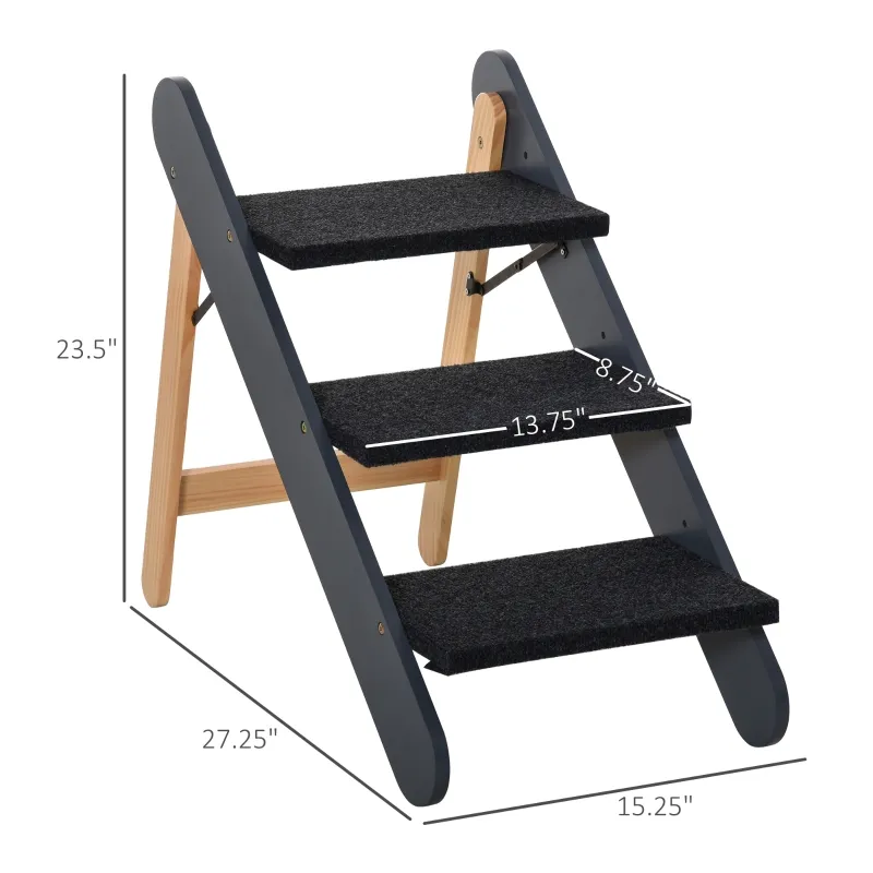 PawHut Wooden Pet Stairs 2 In 1 Convertible Carpeted Ramp Foldable 3 Level Ladder for High Bed Couch Car