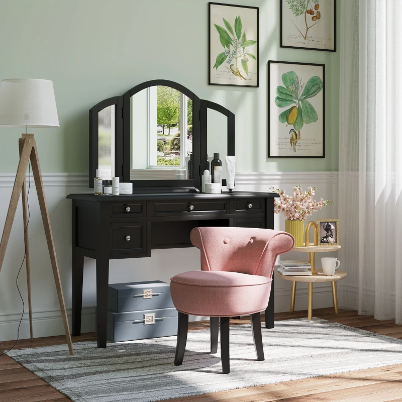 HOMCOM Upholstered Linen Vanity Stool with Curved Thick Padded Backrest, Rubberwood Legs, and Footpads, Pink