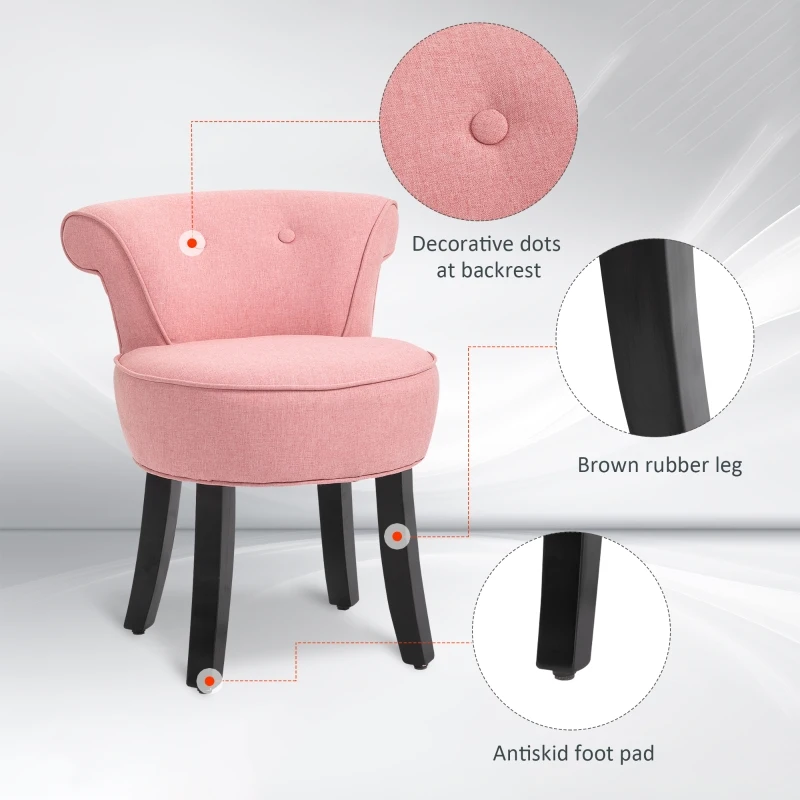 HOMCOM Upholstered Linen Vanity Stool with Curved Thick Padded Backrest, Rubberwood Legs, and Footpads, Pink