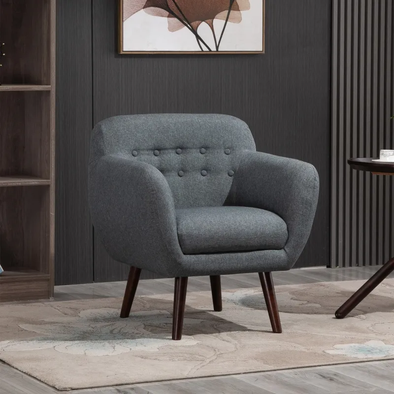 HOMCOM Accent Chair Linen-Touch Tufted Armchair Upholstered Leisure Lounge Sofa Club Chair with Wood Legs, Grey/Walnut