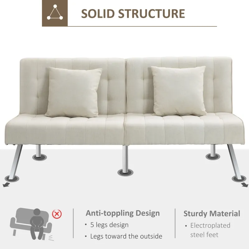 HOMCOM 2-Seater Convertible Sofa Bed with 7 Adjustable Angled Backrest Levels, 2 Pillows, and 5 Steel Legs, Cream White