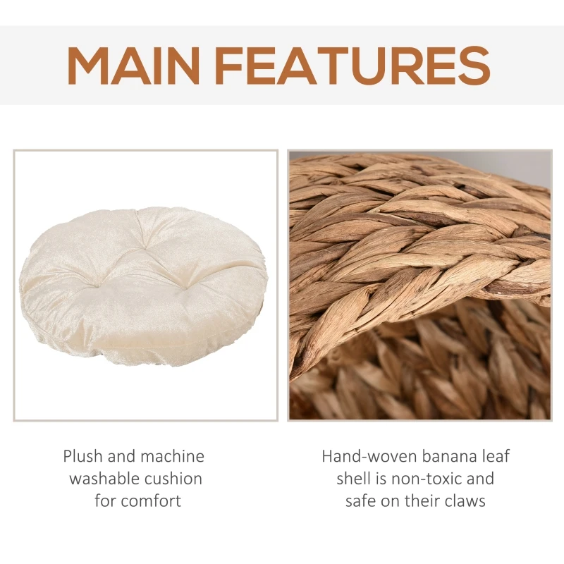 PawHut 20" Natural Braided Banana Leaf Elevated Cat Bed Basket with Cushion - Brown