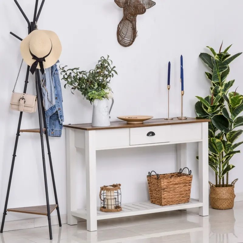 HOMCOM Console Side Entryway Table with Storage Drawer, Bottom Shelf, and Strong Sturdy Construction, White