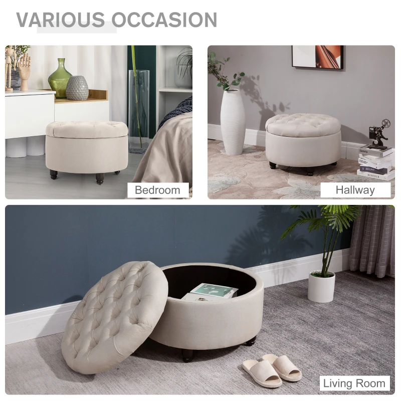 HOMCOM Round Linen-touch Fabric Storage Footstool Ottoman Button Tufted Footrest with Removable Lid, Beige