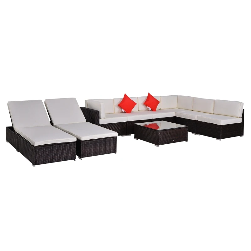 Outsunny 9 Piece Patio Furniture Sets, Wicker Sectional Sofa Sets Outdoor Rattan Conversation Sets with Tempered Glass Tabletop Tea Table and Two Loungers for Garden, Balcony, Backyard, Dark Coffee