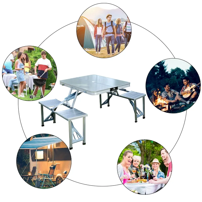 Outsunny 38" Camping Table and Chairs, Foldable with 4 seat, Aluminum Portable Suitcase, outdoor furniture with Umbrella Hole, Handle for Camping Dining BBQ, Silver