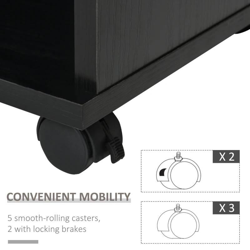 HOMCOM Wood Rolling File Cabinet Storage Organizer with 3 Large Open Shelves and Door Cabinet Door for Easy Storage and Mobility, Black