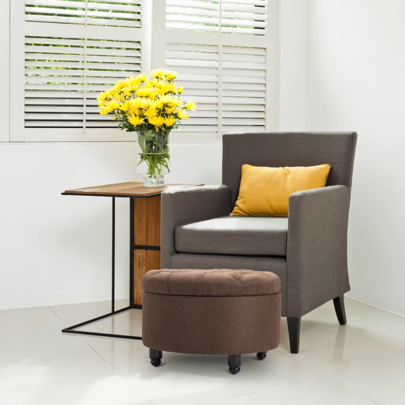 HOMCOM Round Linen-touch Fabric Storage Footstool Ottoman Button Tufted Footrest with Removable Lid, Brown