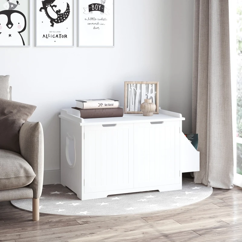 PawHut Wooden Cat Litter Box Enclosure, Hidden Cat Washroom, Kitten House with Nightstand End Table and Storage Rack Magnetic Doors, White