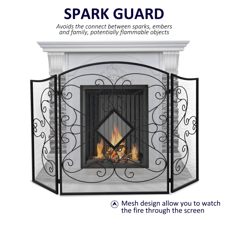 HOMCOM 3-Panel Metal Fireplace Spiral Mesh Cover Screen Home Foldable Steel Spark Guard Decoration, Black