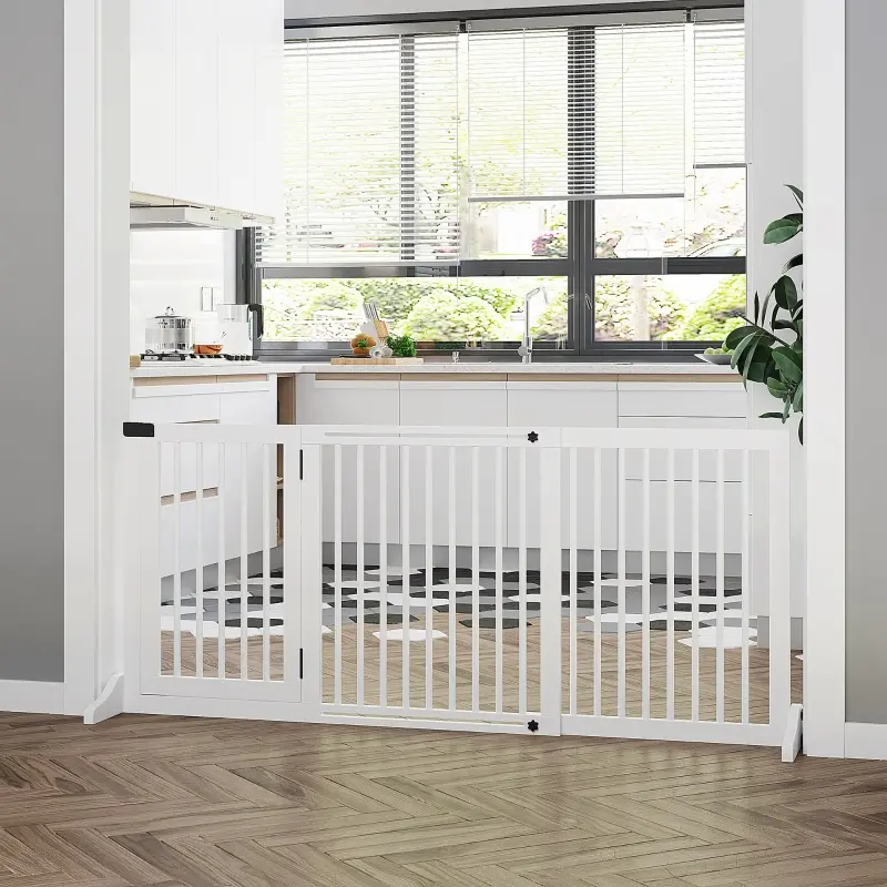 PawHut Freestanding Length Adjustable Wooden Pet Gate with Lockable Door 3 Panels, White