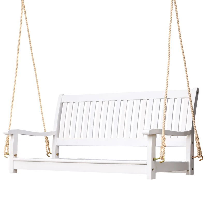 Outsunny 48'' 2-Seater Hanging Porch Swing, Outdoor Patio Wooden Swing Bench w/ Ropes, Slatted Design, 700 lb Weight Capacity, White