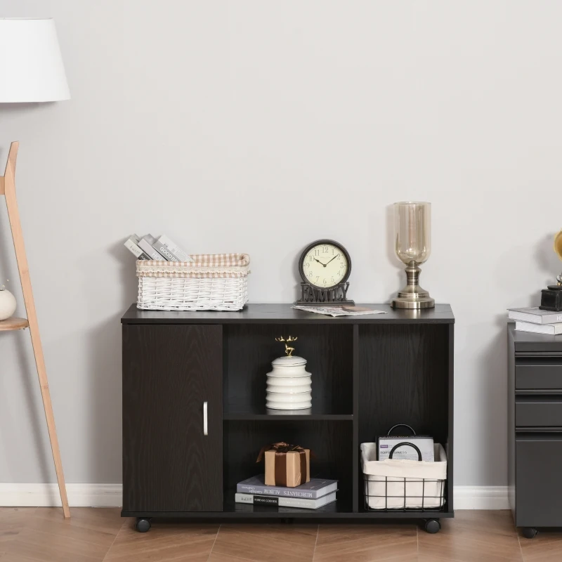 HOMCOM Wood Rolling File Cabinet Storage Organizer with 3 Large Open Shelves and Door Cabinet Door for Easy Storage and Mobility, Black