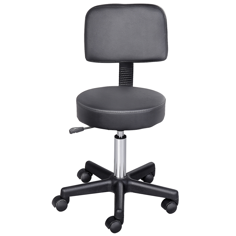 HOMCOM Swivel Medical Salon Stool with Back Support, Rolling Office Drafting Chair with Adjustable Height, PU Leather Surface and Wheels, Black