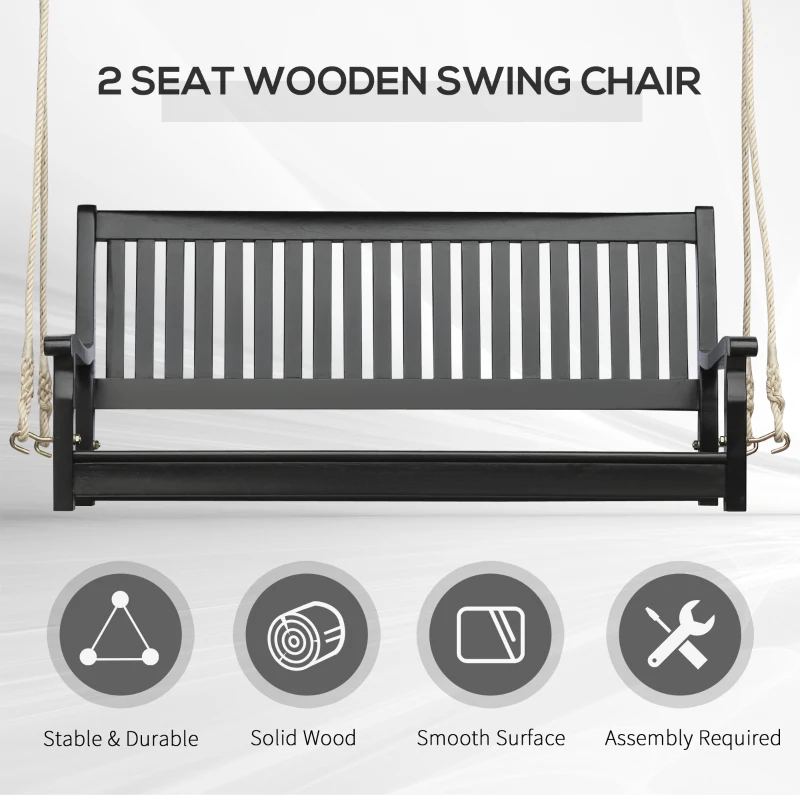 Outsunny 48'' 2-Seater Hanging Porch Swing, Outdoor Patio Wooden Swing Bench w/ Ropes, Slatted Design, 700 lb Weight Capacity, Black