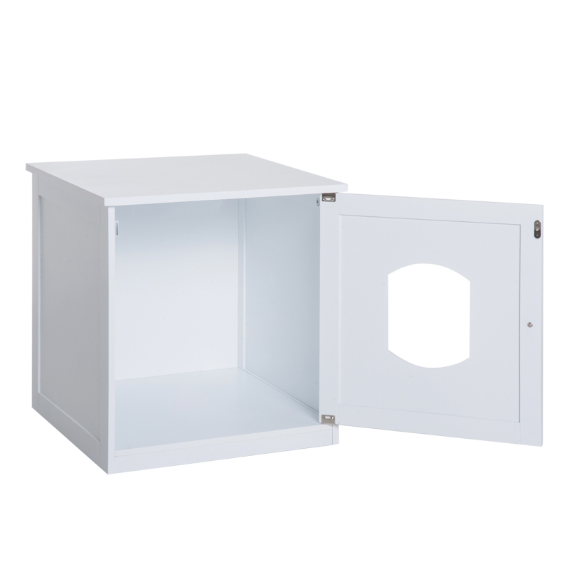 PawHut Decorative Wooden Covered Cat House Side End Table Mess Free Cat Litter Box Hideaway Cabinet Enclosure - White