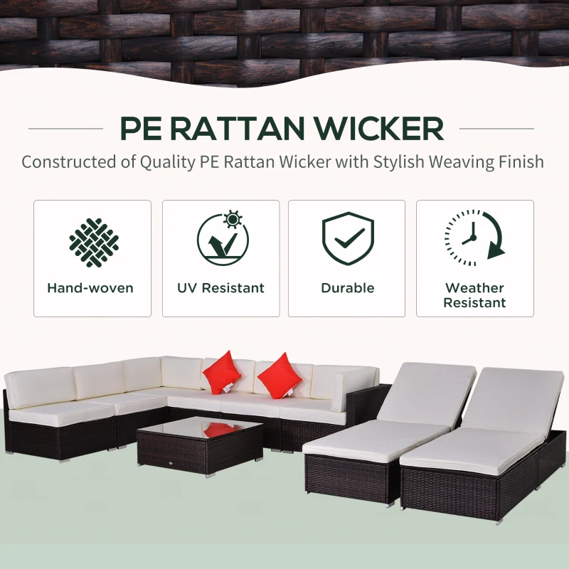 Outsunny 9 Piece Patio Furniture Sets, Wicker Sectional Sofa Sets Outdoor Rattan Conversation Sets with Tempered Glass Tabletop Tea Table and Two Loungers for Garden, Balcony, Backyard, Dark Coffee