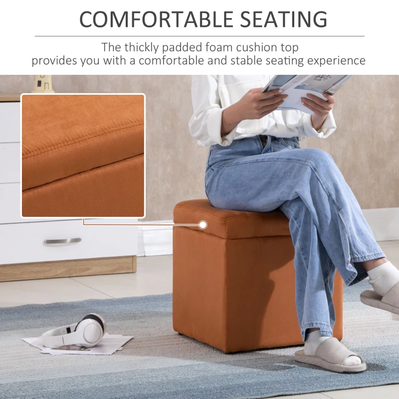 HOMCOM 16" Microfiber Upholstered Cube Storage Ottoman Footrest Seat with Hinged Lid - Brown