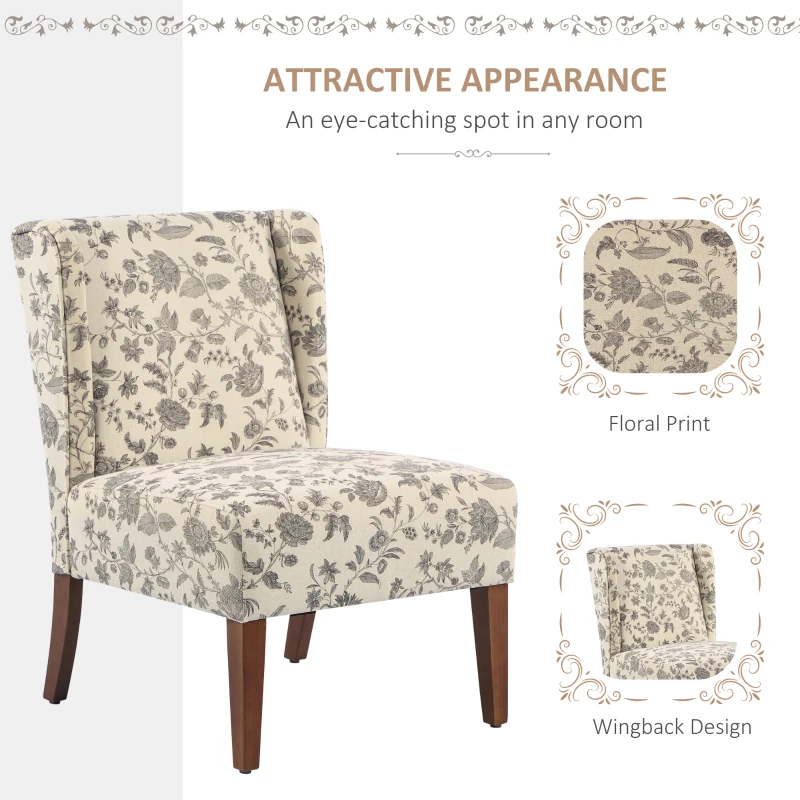 HOMCOM Upholstered Armless Accent Chair, Leisure Side Chair with Wingback, Soft Linen Fabric and Solid Wood Legs, Decorative for Bedroom, Living room, Floral