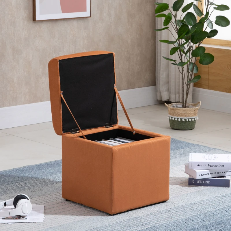 HOMCOM 16" Microfiber Upholstered Cube Storage Ottoman Footrest Seat with Hinged Lid - Brown