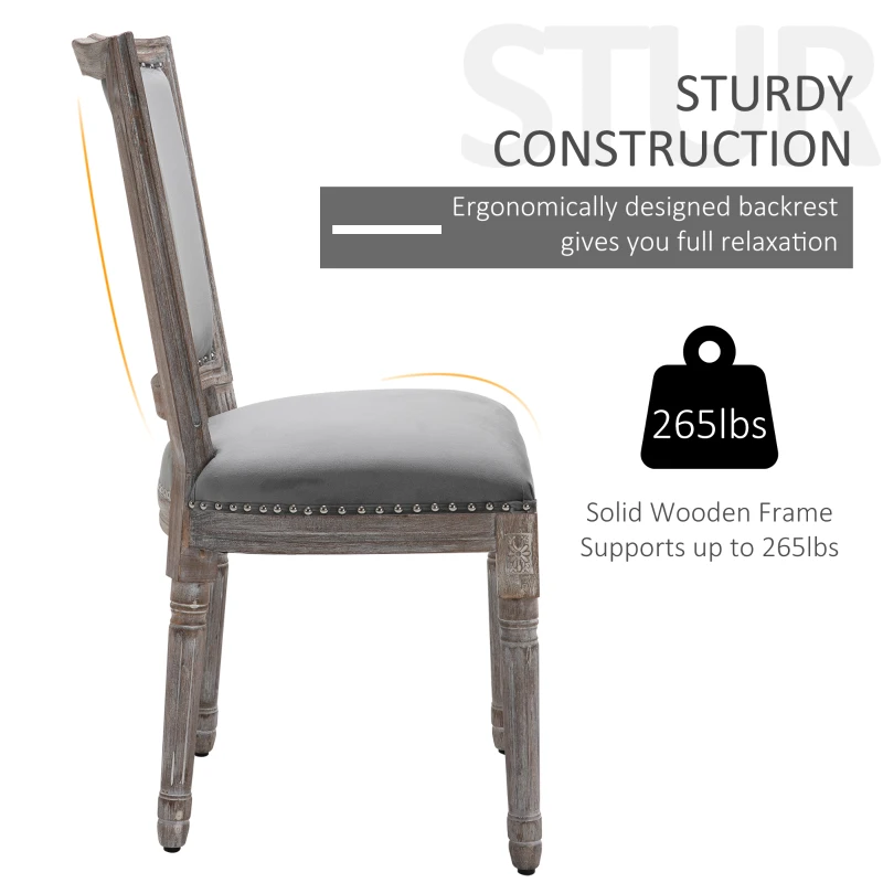 HOMCOM Vintage Upholstered Dining Chairs Set Of 2 with Nailhead Trim , Thick Padded Seat Cushions, and Wood Legs, Grey