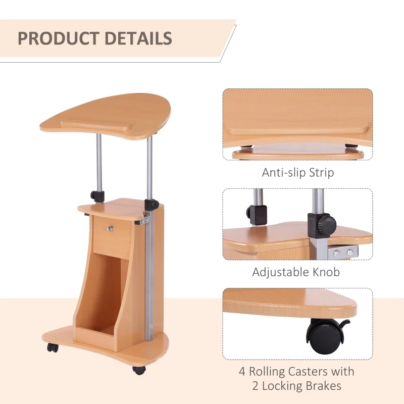 HOMCOM Mobile Laptop Cart,Sit-to-Stand Computer Desk with drawer, Height Adjustable Rolling Podium Desk Stand with Swivel Top & Storage, Beech Wood
