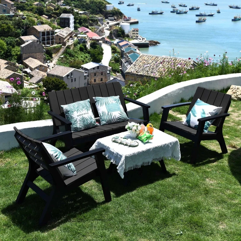 Outsunny 4-Piece Outdoor Patio Conversation Set Garden Furniture Set with Weather-Fighting PP Materials, Adirondack Comfort, & Coffee Table, Black
