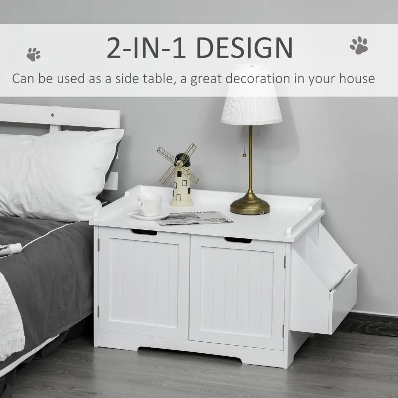 PawHut Wooden Cat Litter Box Enclosure, Hidden Cat Washroom, Kitten House with Nightstand End Table and Storage Rack Magnetic Doors, White