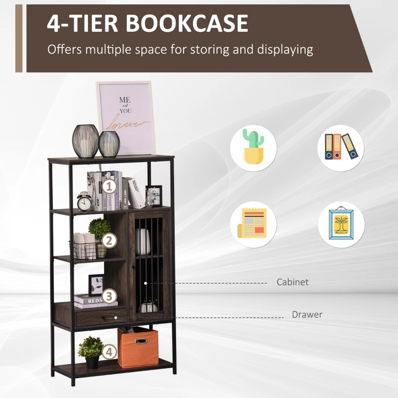 HOMCOM 4-Tier Industrial Style Bookcase with Open Storage Display Rack, Drawer, Cabinet for Living Room, Dark Brown