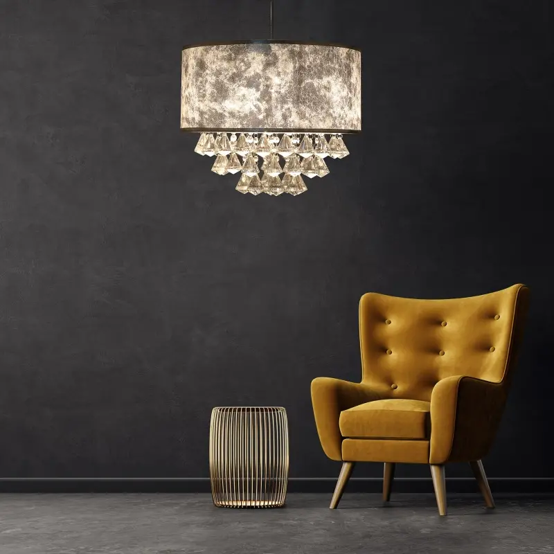 HOMCOM Modern Crystal Chandelier Light with Adjustable Hanging Pole, Ceiling-Connecting Metal Round Base, Grey