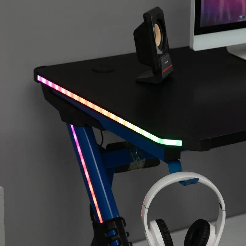 HOMCOM 43in Gaming Desk with RGB LED Lights Racing Style Gaming Table with Cup Holder & Cable Management, Blue