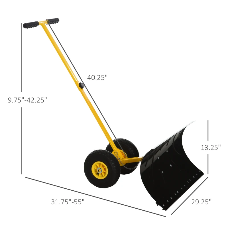 Outsunny 29" Blade Rolling Snow Pusher Shovel with Wheels and Adjustable Handle Yellow