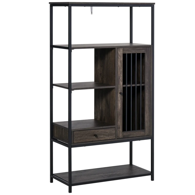 HOMCOM 4-Tier Industrial Style Bookcase with Open Storage Display Rack, Drawer, Cabinet for Living Room, Dark Brown