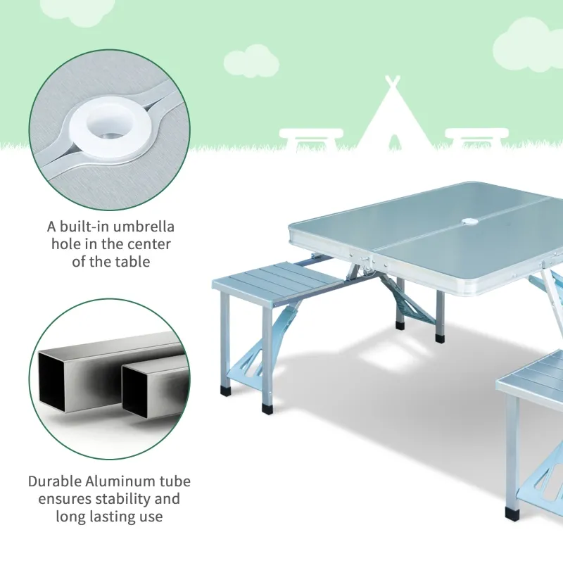 Outsunny 38" Camping Table and Chairs, Foldable with 4 seat, Aluminum Portable Suitcase, outdoor furniture with Umbrella Hole, Handle for Camping Dining BBQ, Silver