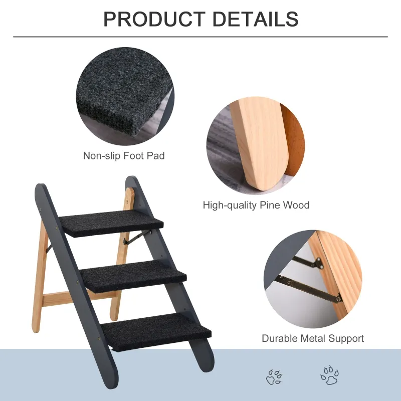 PawHut Wooden Pet Stairs 2 In 1 Convertible Carpeted Ramp Foldable 3 Level Ladder for High Bed Couch Car