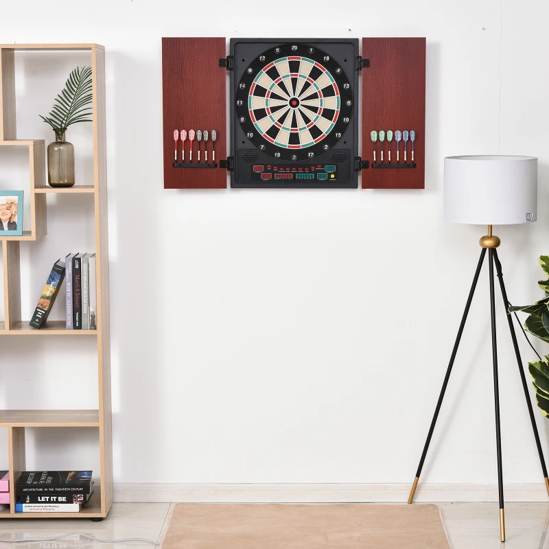 Soozier Electronic Dartboard Cabinet Set with 27 Main Games, 202 Variations, 12 Darts for Multi-Game Option Ready-to-Play, Dark Brown