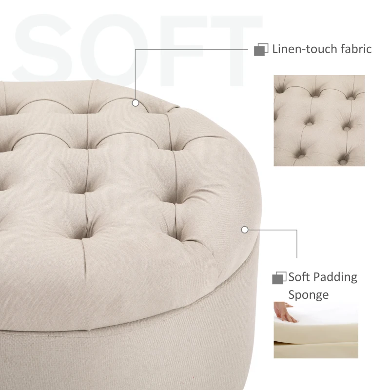 HOMCOM Round Linen-touch Fabric Storage Footstool Ottoman Button Tufted Footrest with Removable Lid, Beige