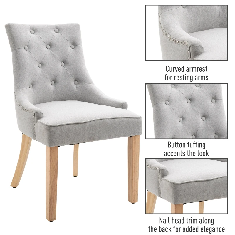HOMCOM 2 Piece Fabric Dining Chairs Set of 2, Leisure Padded Accent Chair with Armrest, Solid Wooden Legs, Light Grey