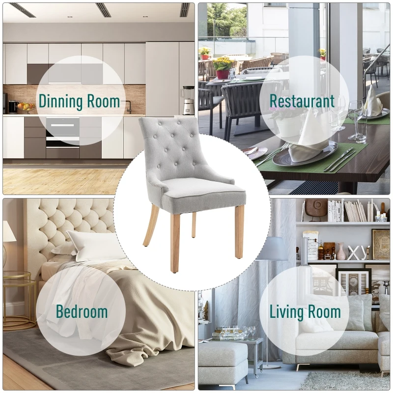 HOMCOM 2 Piece Fabric Dining Chairs Set of 2, Leisure Padded Accent Chair with Armrest, Solid Wooden Legs, Light Grey