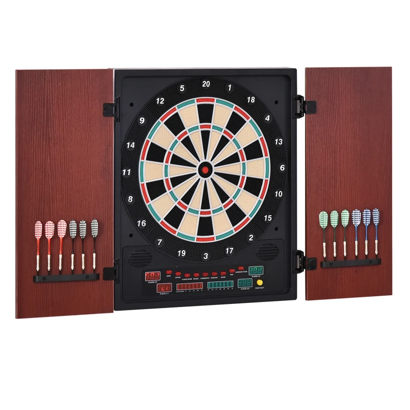 Soozier Electronic Dartboard Cabinet Set with 27 Main Games, 202 Variations, 12 Darts for Multi-Game Option Ready-to-Play, Dark Brown