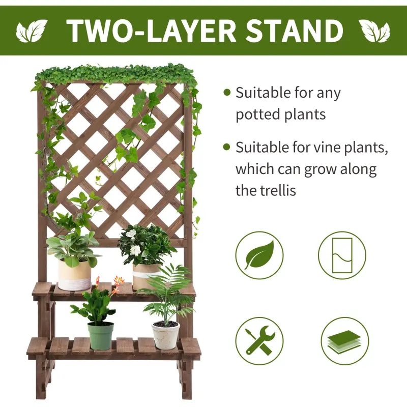Outsunny Outdoor Plant Stand, Wooden Tiered Plant Shelf with Trellis for  Climbing Vines, Ladder Flower Pot Display Stand for Patio Garden Balcony Living Room