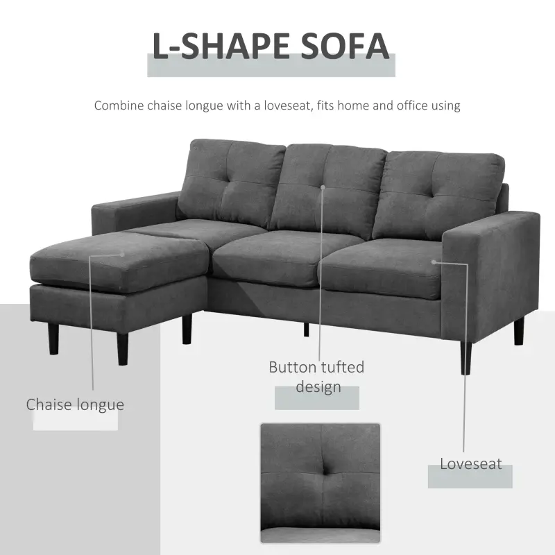 HOMCOM Convertible Sectional Sofa Couch with Reversible Chaise, L-Shaped Couch with Thick Sponge Cushions for Small Space, Dark Grey
