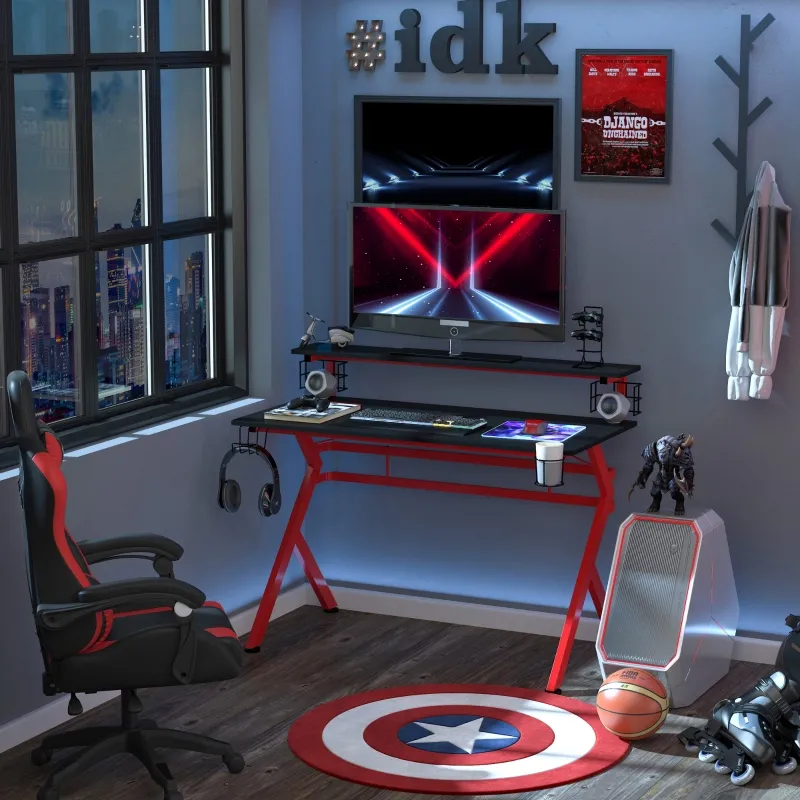 HOMCOM 47" Gaming Desk Computer Table for Home Office with Elevated Monitor Stand, Headphone Hook, Cup Holder, and Controller Rack, Red/Black