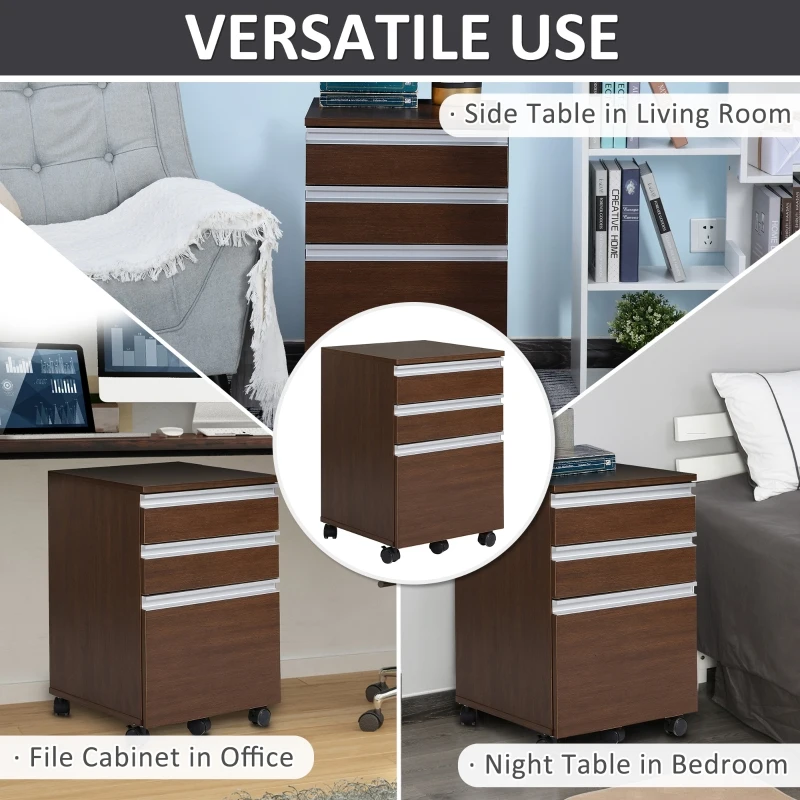 HOMCOM 23.25" 3-Drawer Office Storage Cabinet with Wheels, Brown
