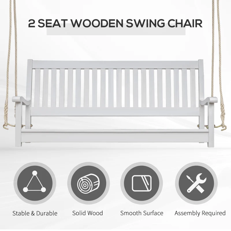 Outsunny 48'' 2-Seater Hanging Porch Swing, Outdoor Patio Wooden Swing Bench w/ Ropes, Slatted Design, 700 lb Weight Capacity, White