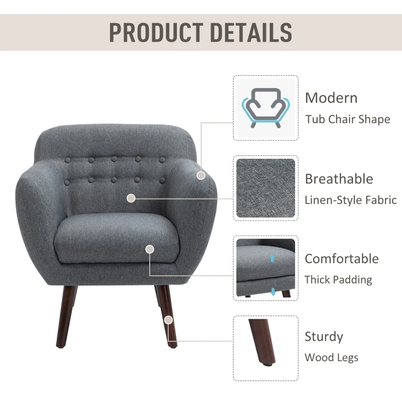 HOMCOM Accent Chair Linen-Touch Tufted Armchair Upholstered Leisure Lounge Sofa Club Chair with Wood Legs, Grey/Walnut